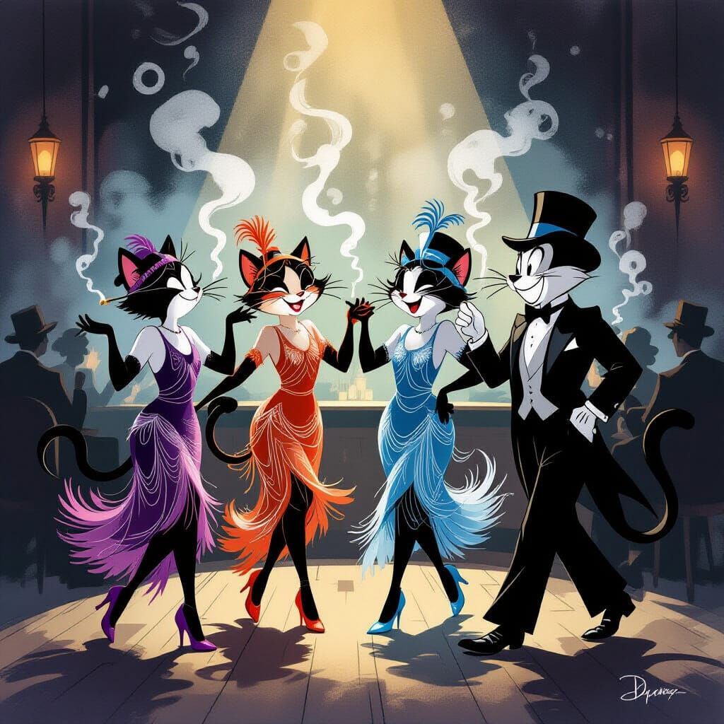 Cats Dancing Charleston in Smoky Jazz Club