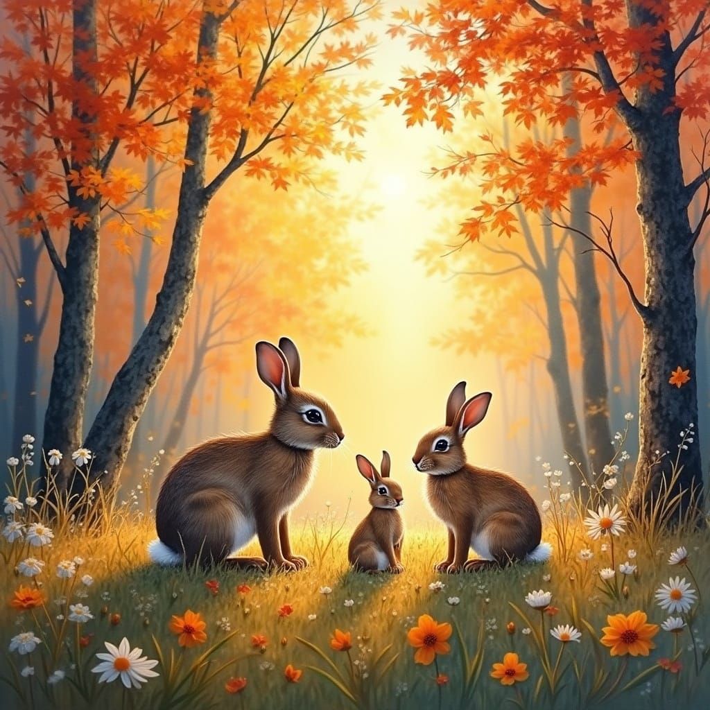Autumn Woodland Scene with Rabbits at Sunset