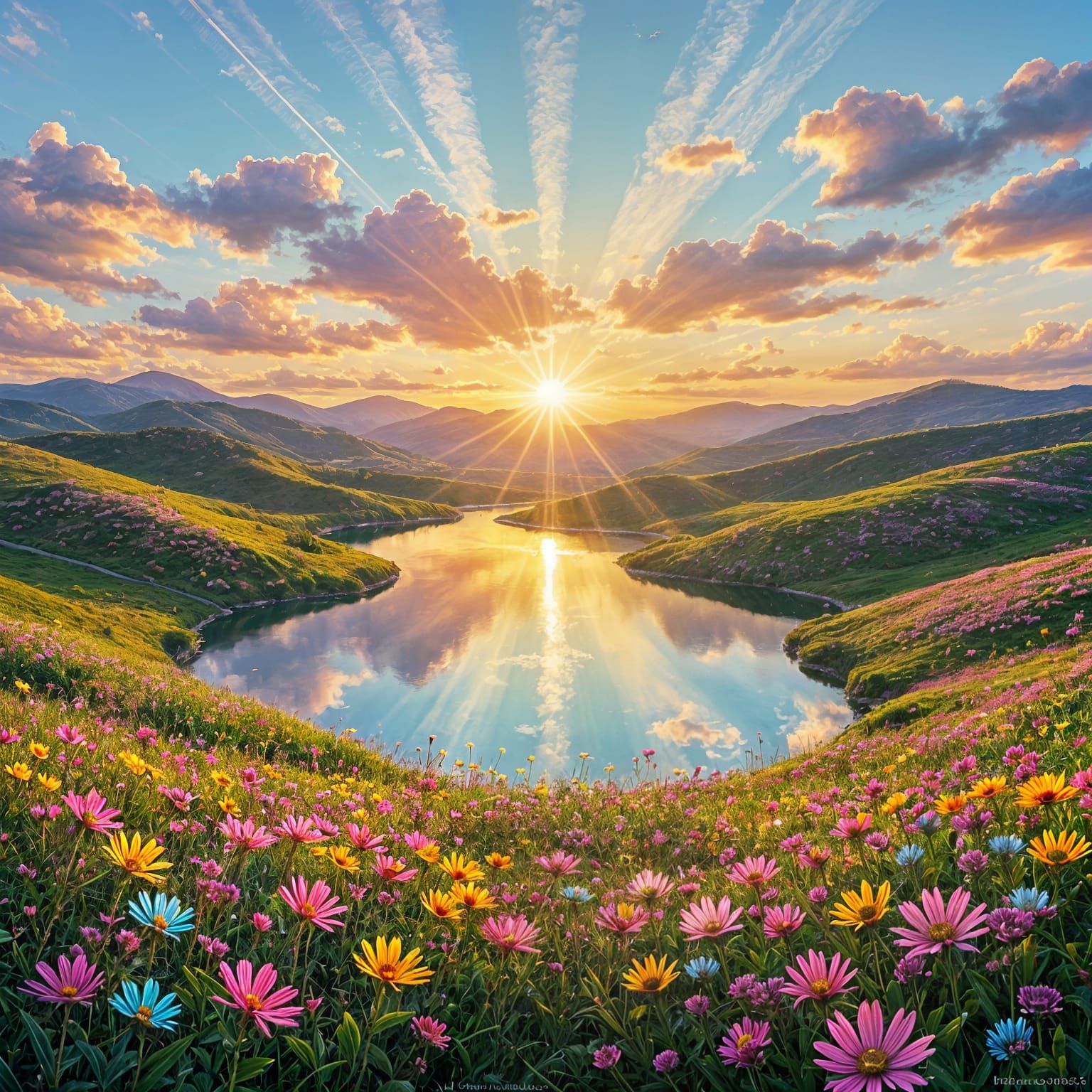Radiant Sunrise Over Wildflower Hills: Digital Art
