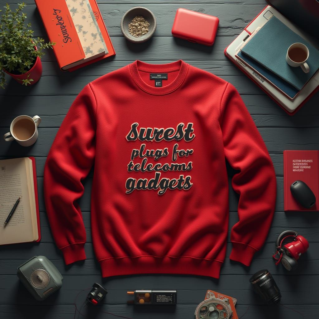 Red Sweater Surrounded by Tech Gadgets: Digital Concept Art