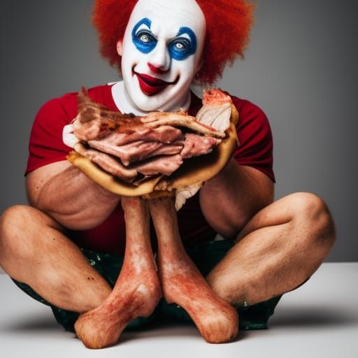 sad clown sitting on a pile of meat