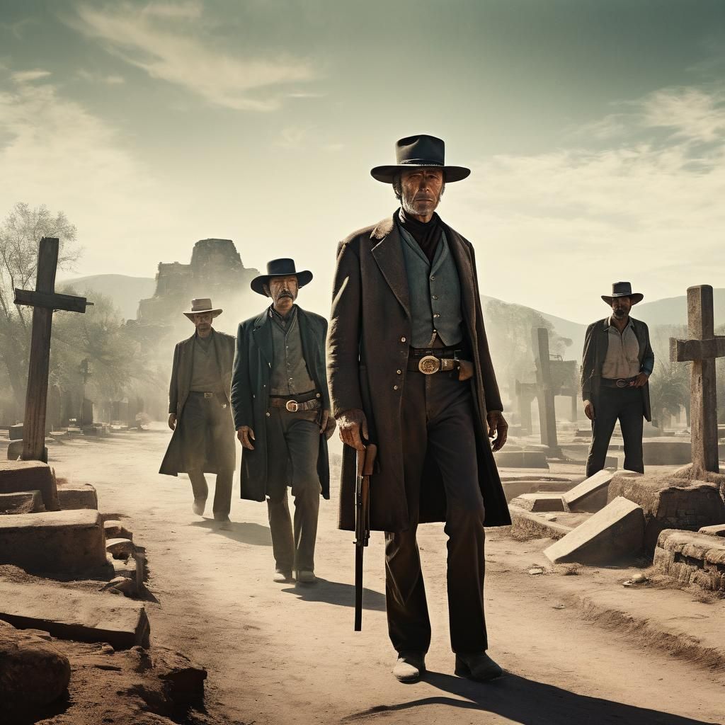 Spaghetti Western Cowboys in Sun-scorched Cemetery