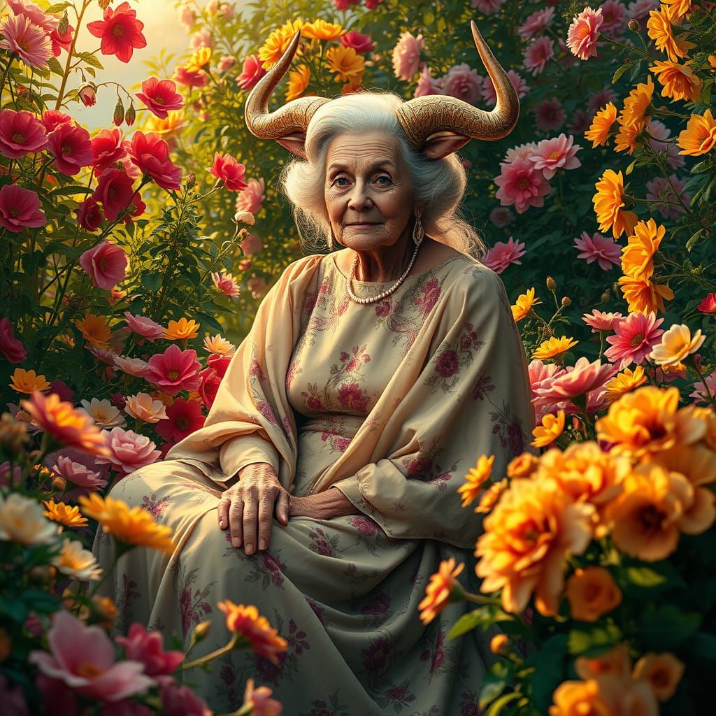 Elegant Taurus Woman Surrounded by Vibrant Floral Splendor