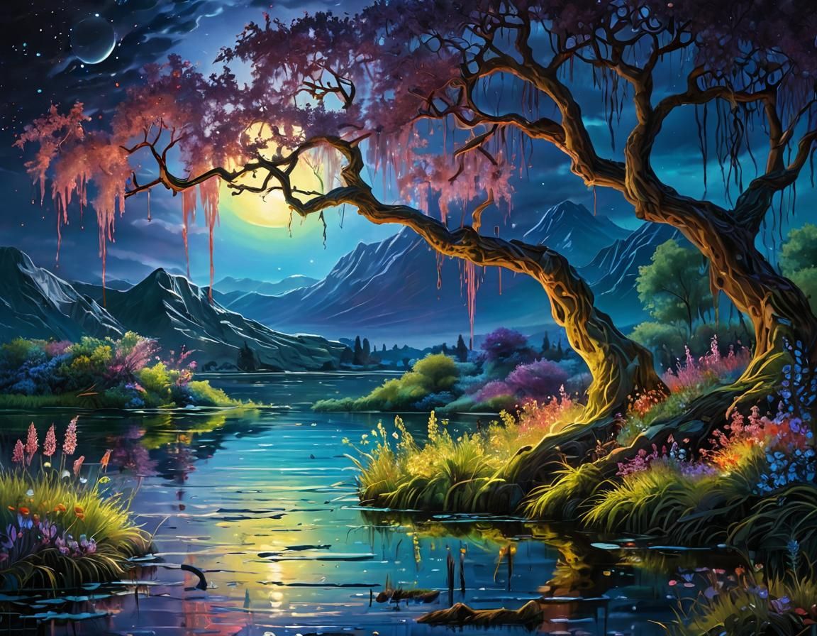 Neon Fantasy Landscape of Crashing Tides