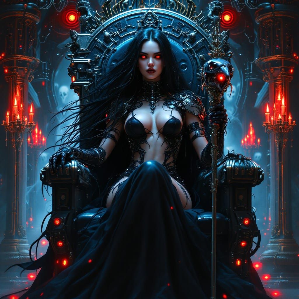Gothic Cyborg Warrior on Throne, Art Nouveau Style