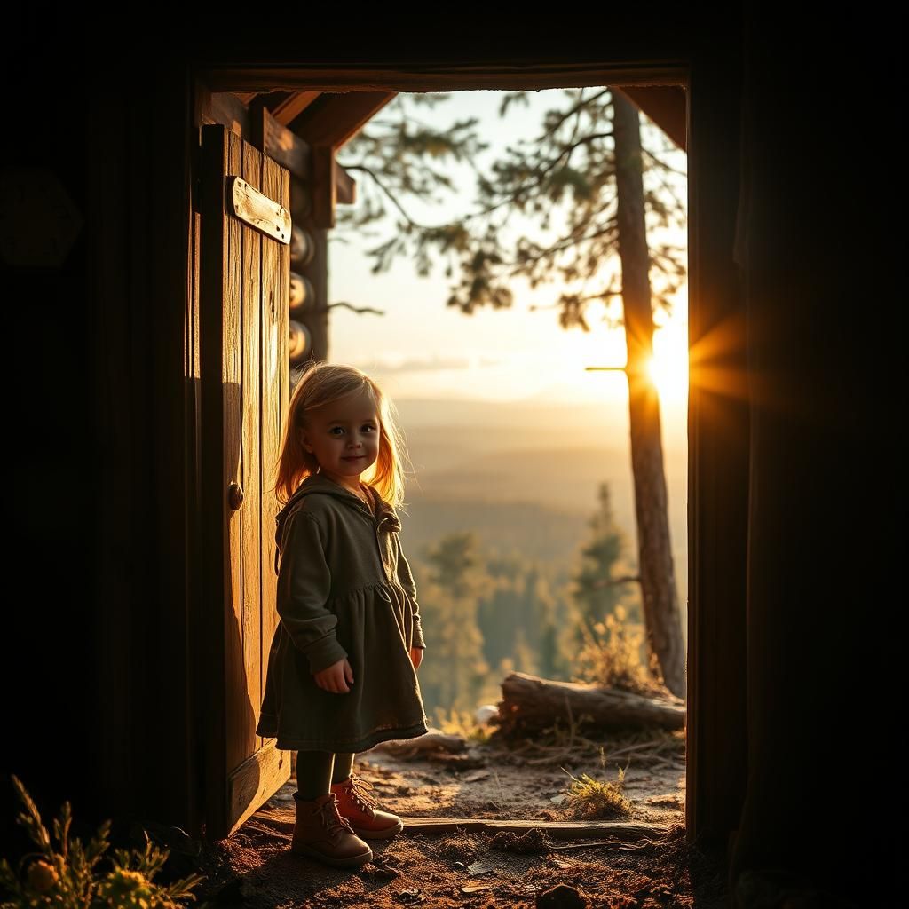 Girl in Forest Doorway Gazing at Bright Future