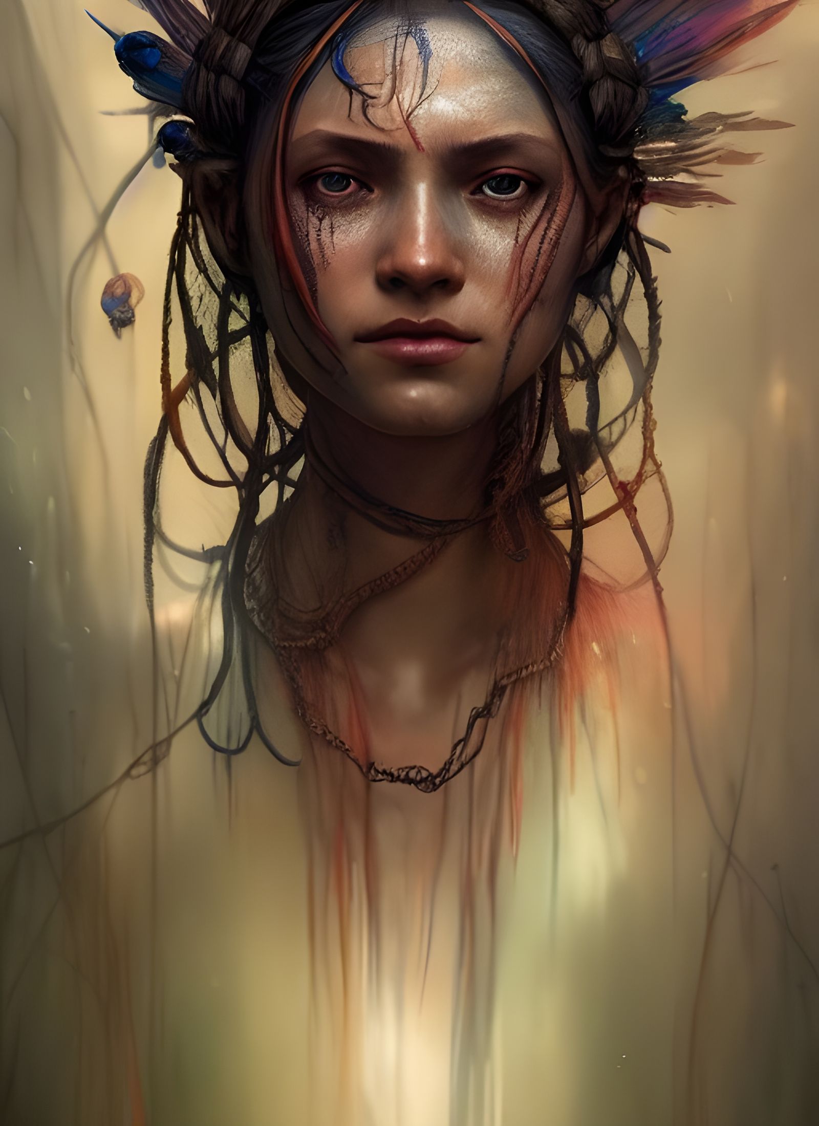 Tragic Portrait with Fox Mask in Watercolor Style