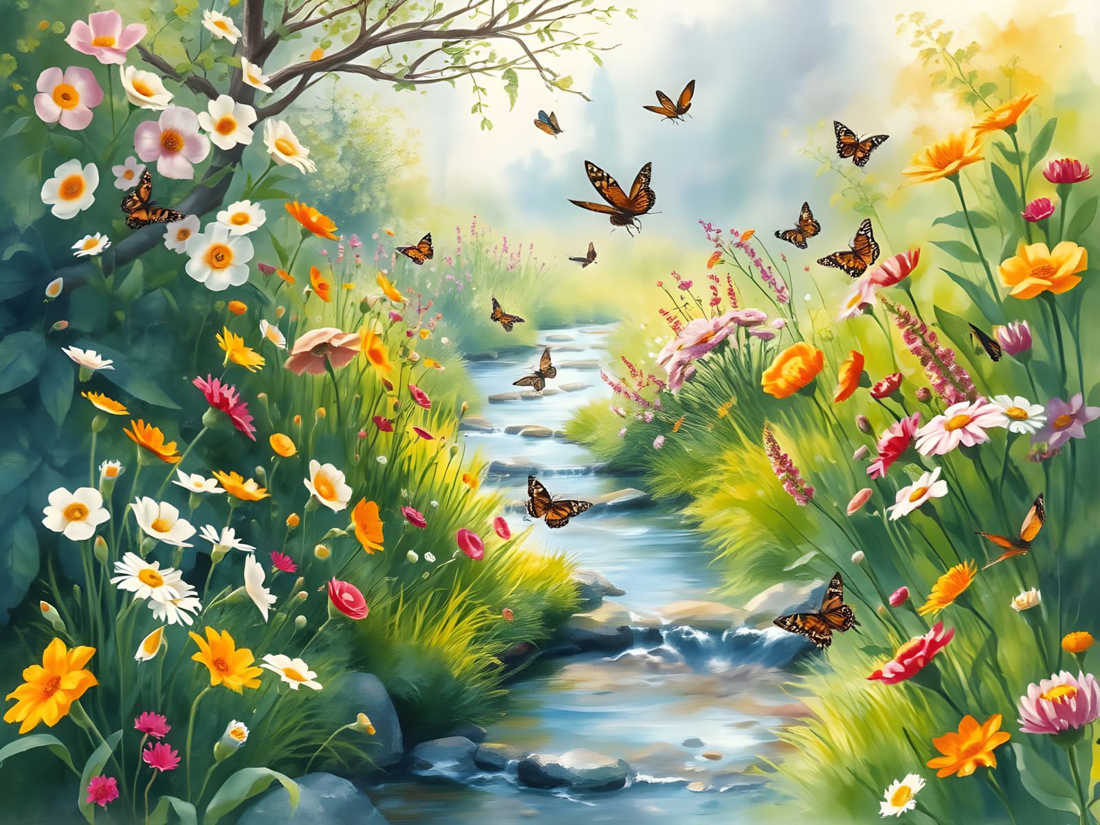 Whimsical Watercolour Garden Scene with Vibrant Blooms and B...