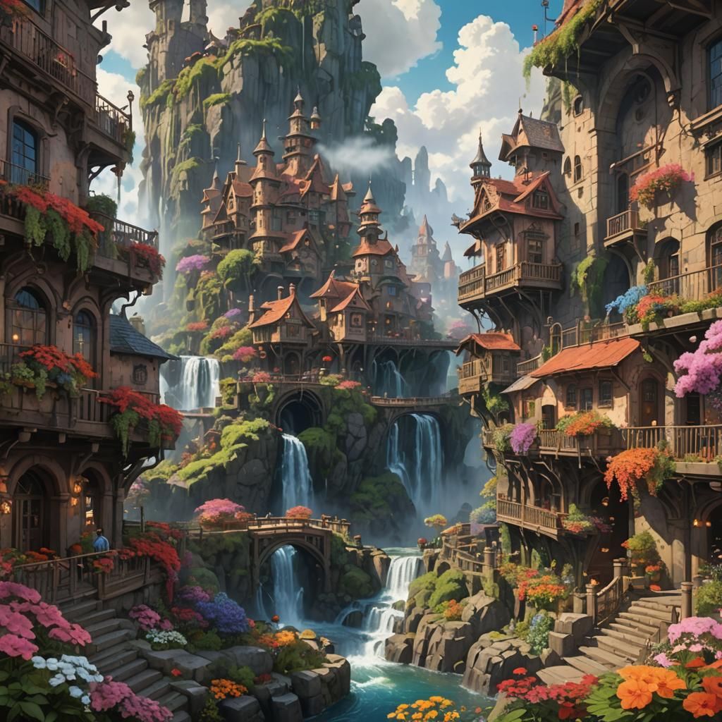 Idyllic Cityscape in Steampunk Art Nouveau Style