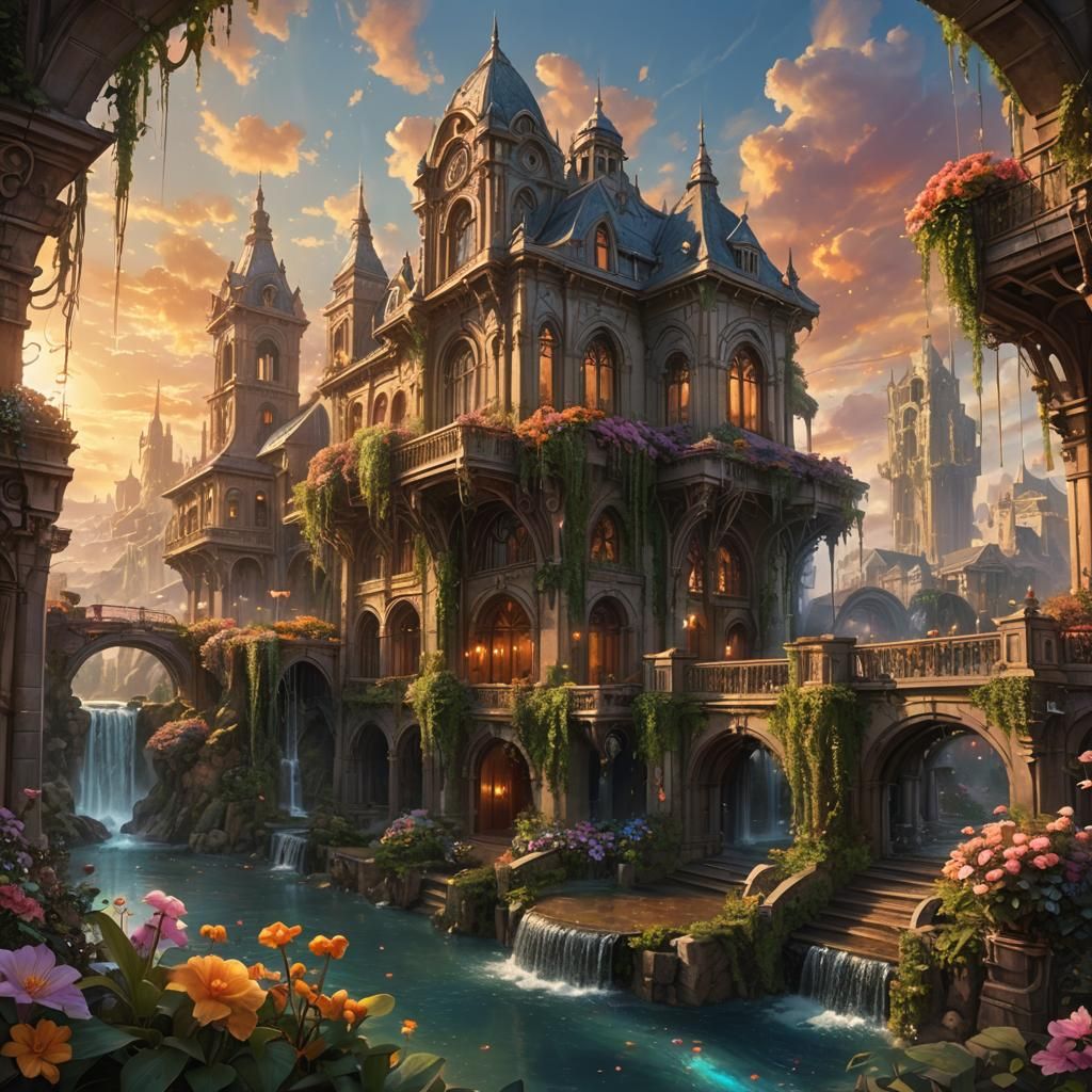 Fantastical Steampunk Cityscape at Sunset
