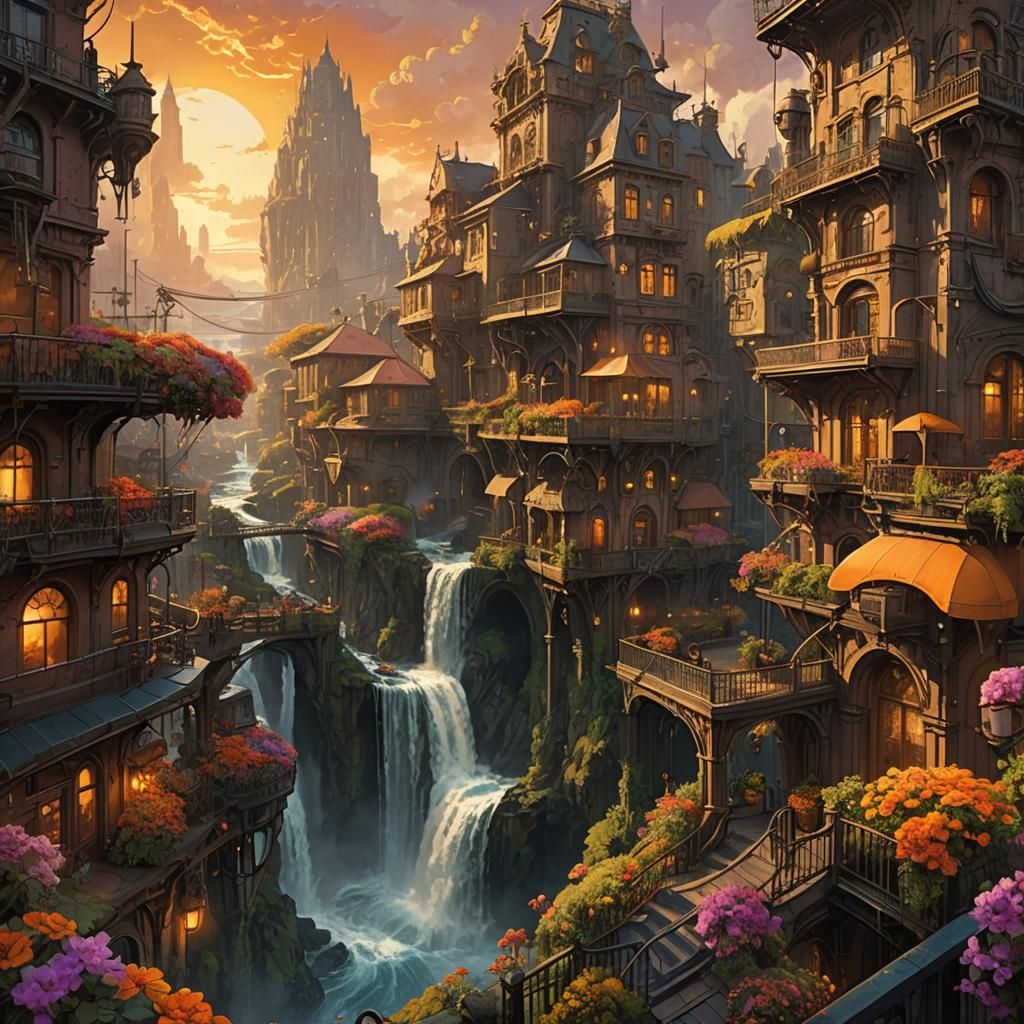 Steampunk Art Nouveau City in Royo Style Landscape
