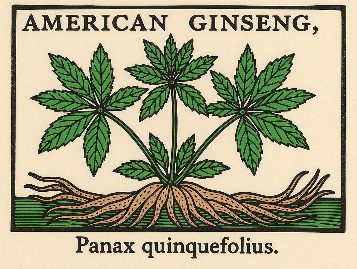 Botanical Woodcut of American Ginseng Plant