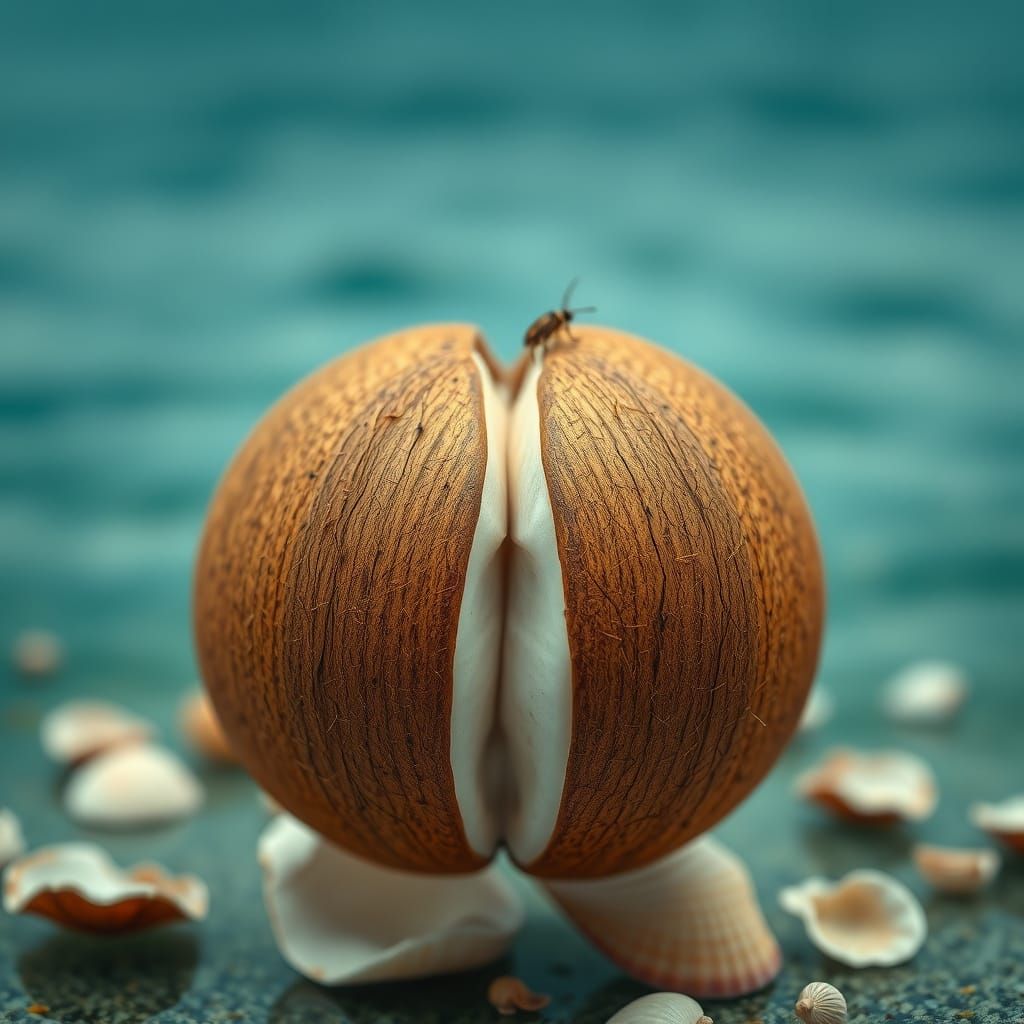 Conjoined Coconuts in Botanical Realism Style