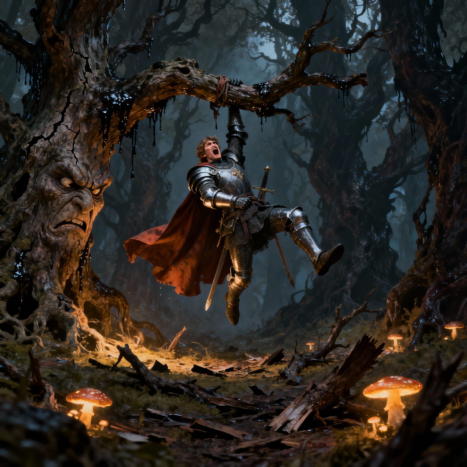 Knight's Cape Snagged on Grumpy Tree in Dark Forest
