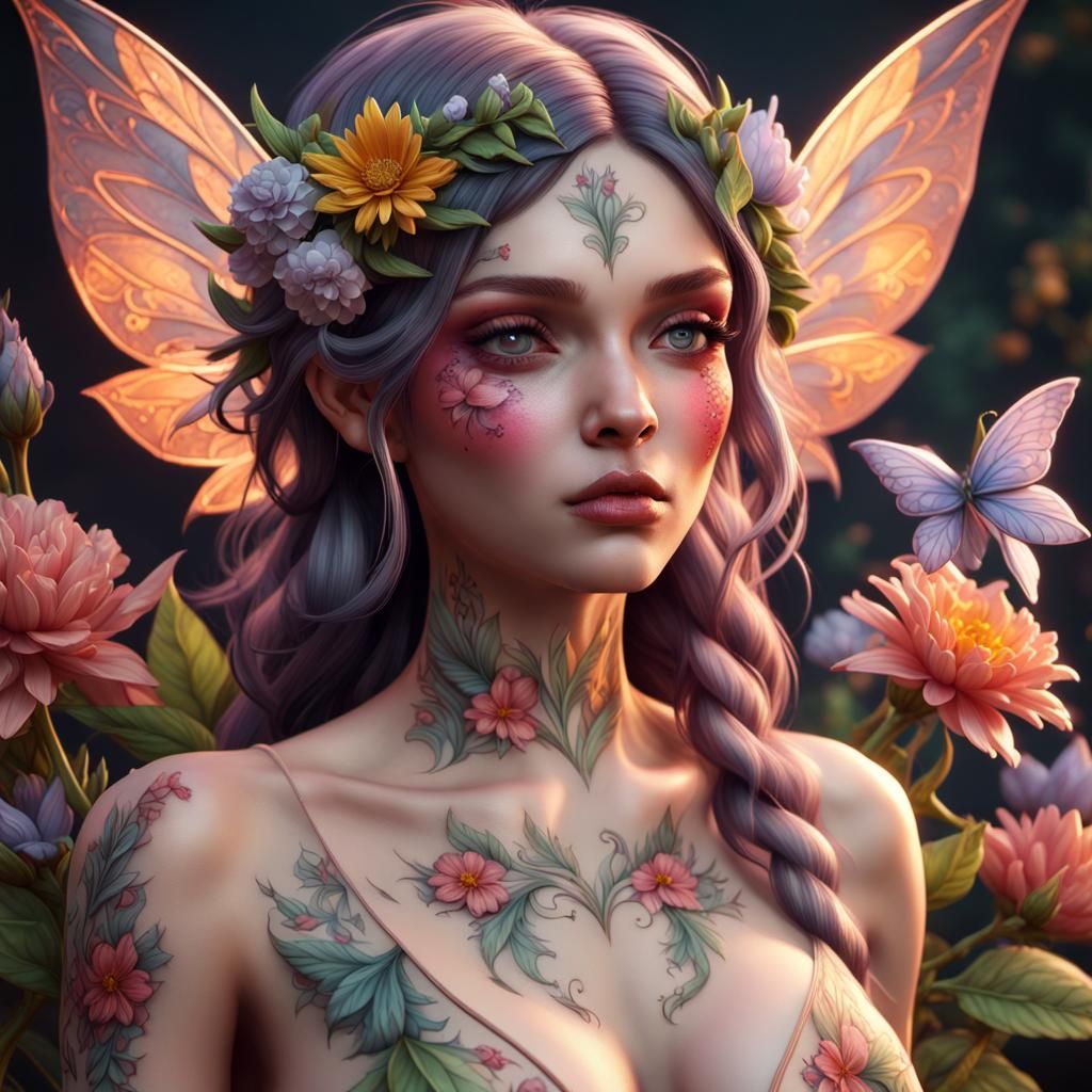Fairy with Flowers in Neo-Traditional Tattoo Style