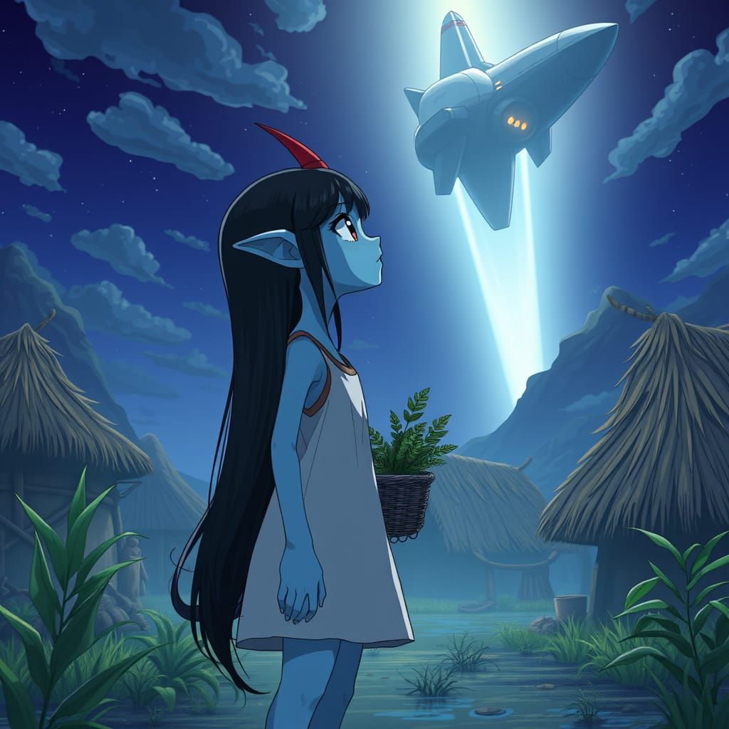 Alien Girl in Awe of Massive Spacecraft in the Sky