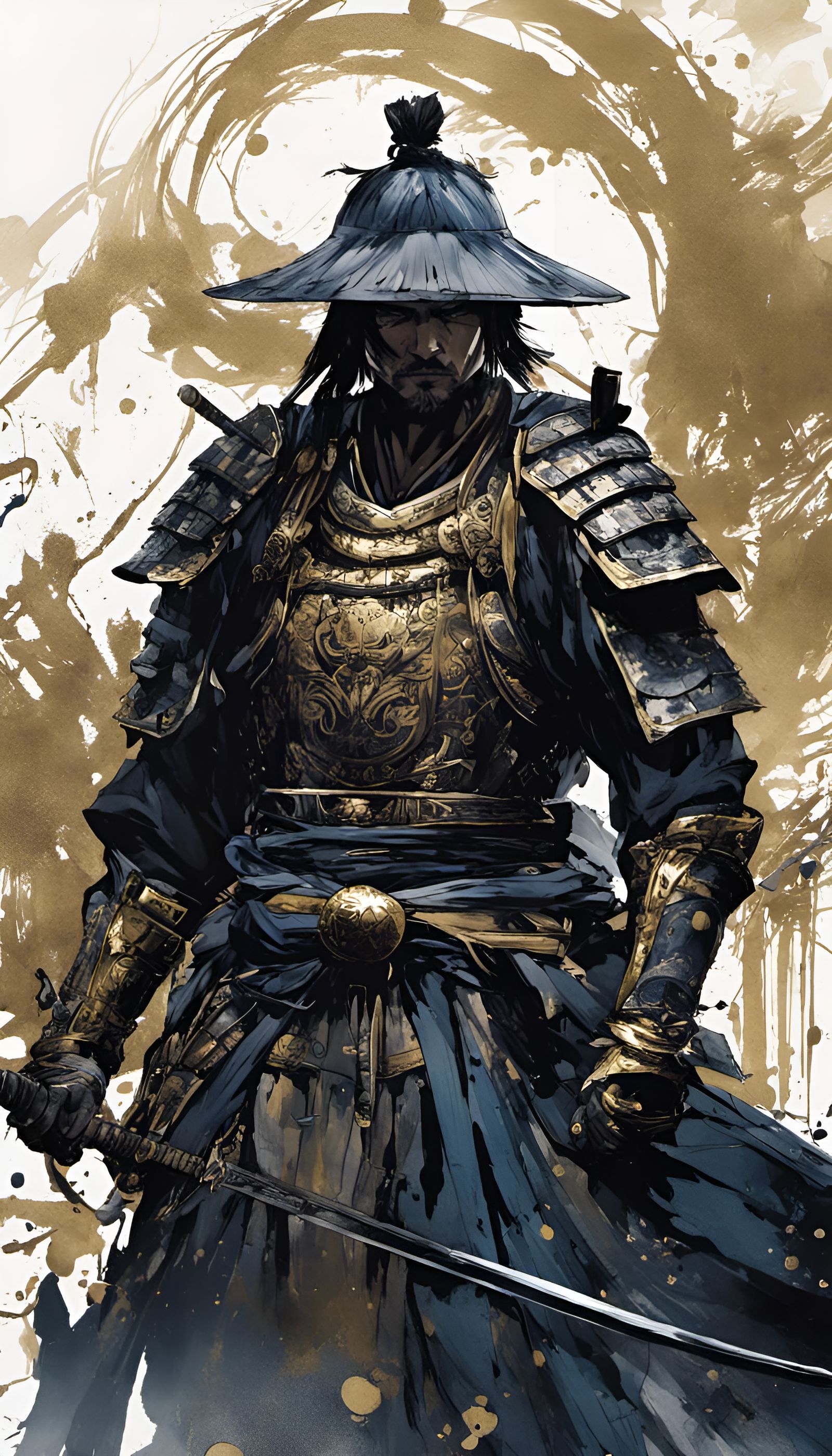 Dark Fantasy Samurai with Gold Outlines