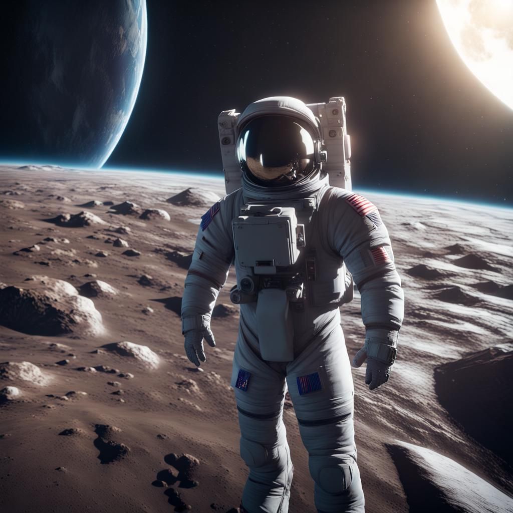 Astronaut on Moon with Flag in 3D Game Style