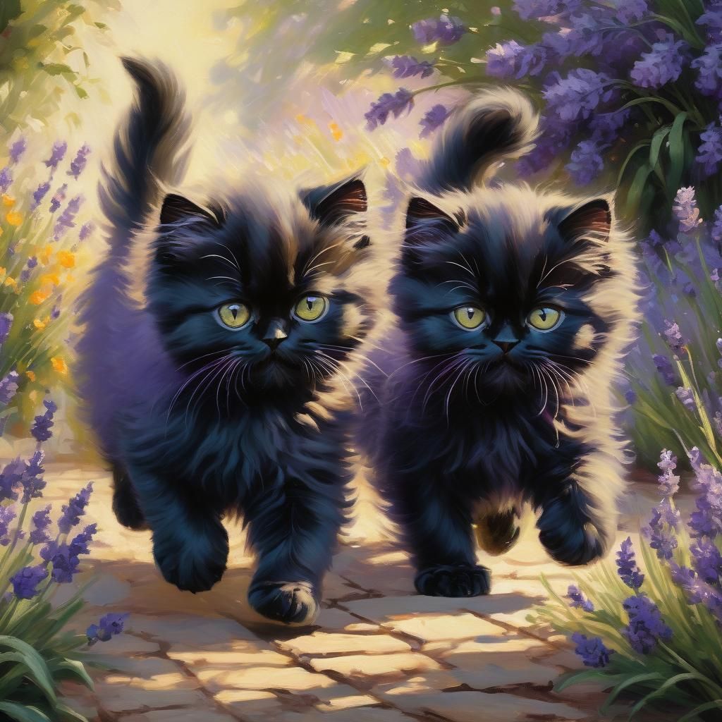Black Persian Kittens in Lavender Garden: Impressionist Oil ...