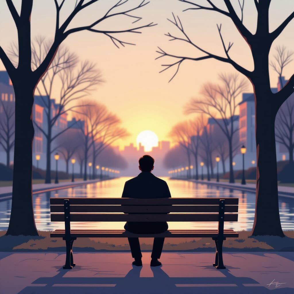 Man Reflects in Urban Park at Sunset