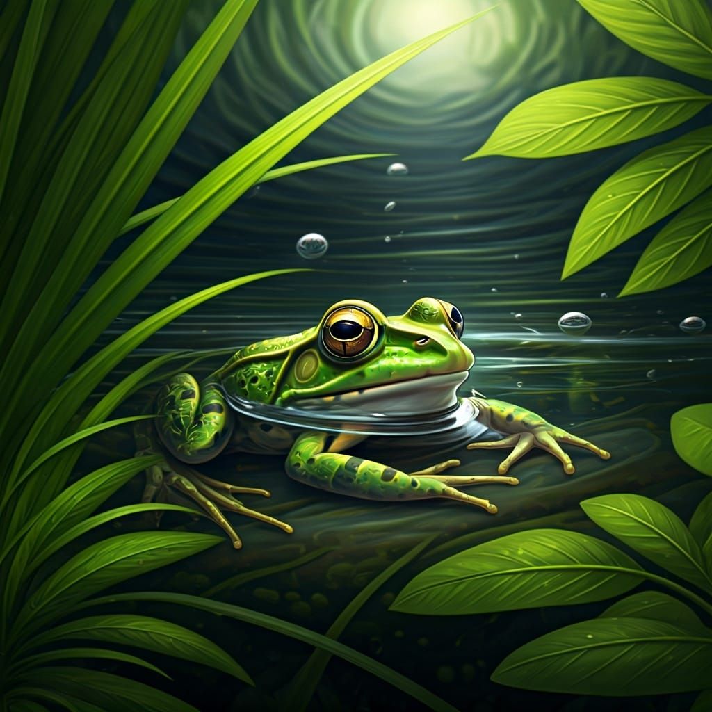 Frog in Crystal Water, Vibrant Pop Art Style