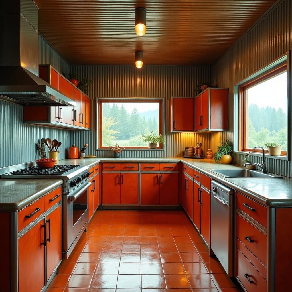 Corrugated Tin Kitchen in Mid-Century Modern Style