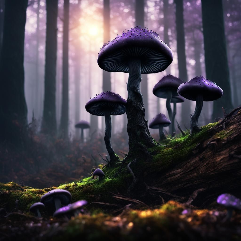 Eerie Gothic Forest with Black Mushrooms