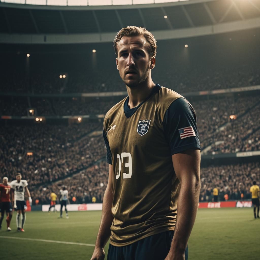 Harry Kane in Atmospheric Stadium, Cinematic Film Still