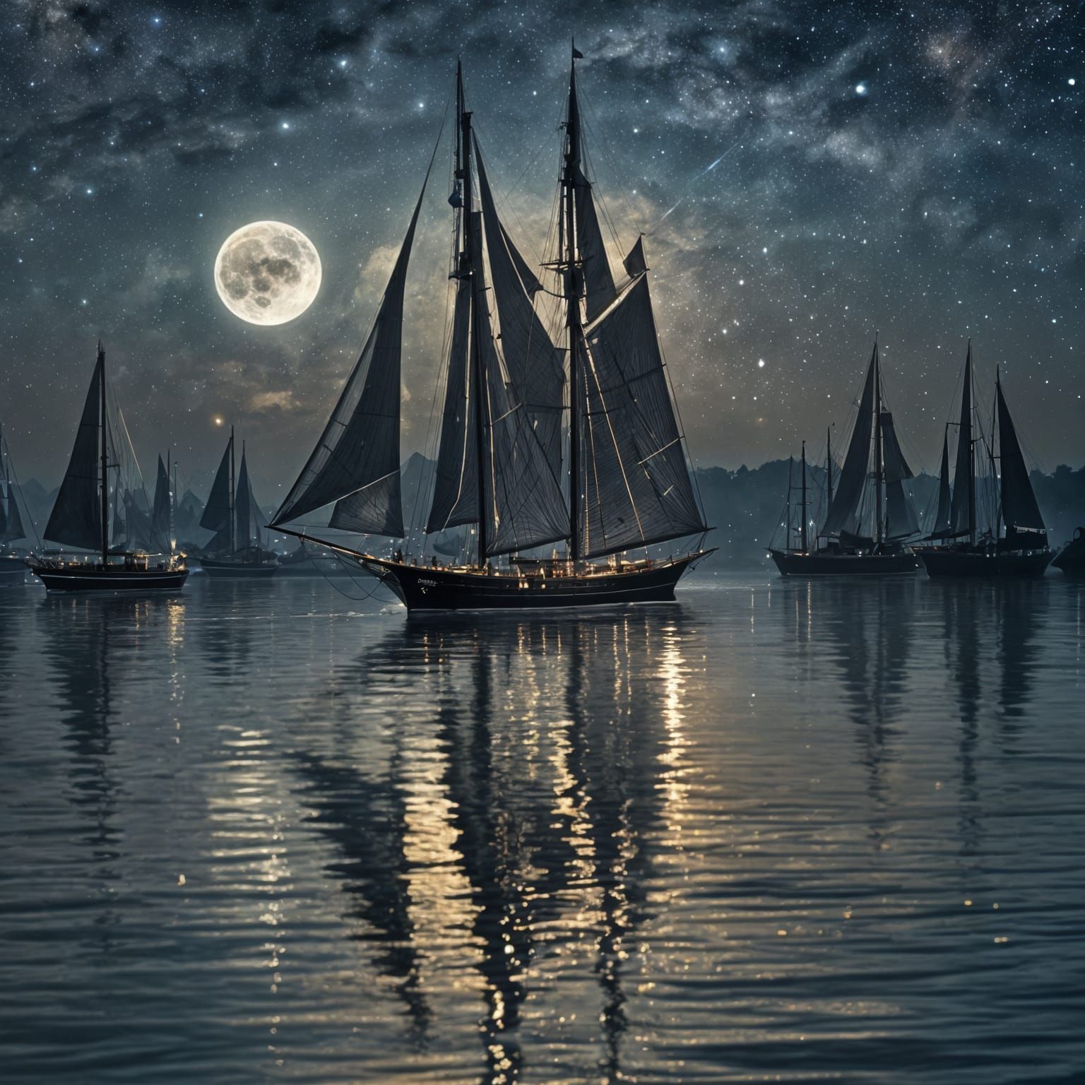 Sailboat Silhouette Under Neon Moon, Impressionist Painting