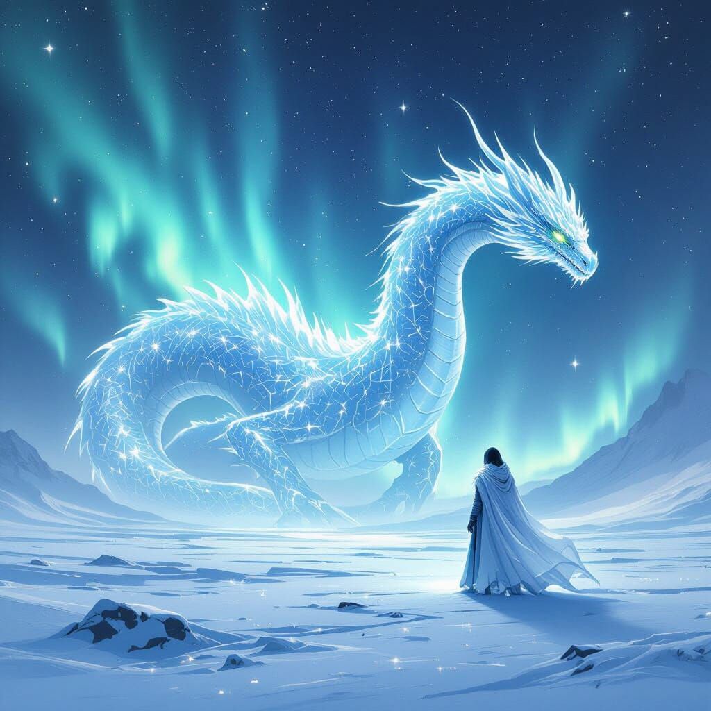 Icy Starlight Dragon Glides Through Northern Lights