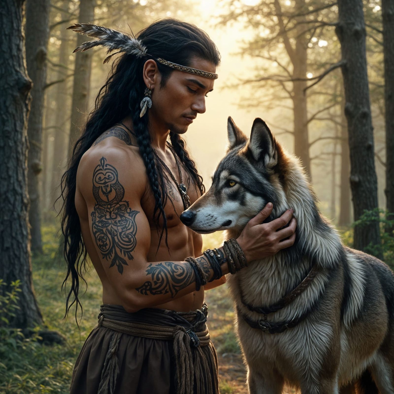 Native American Man with Tribal Tattoos Cares for Majestic W...