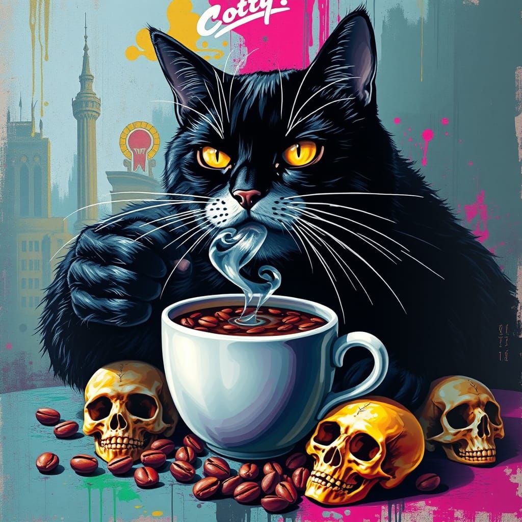 Hyper Realistic Cat Sips Coffee Among Colorful Skulls in Gra...