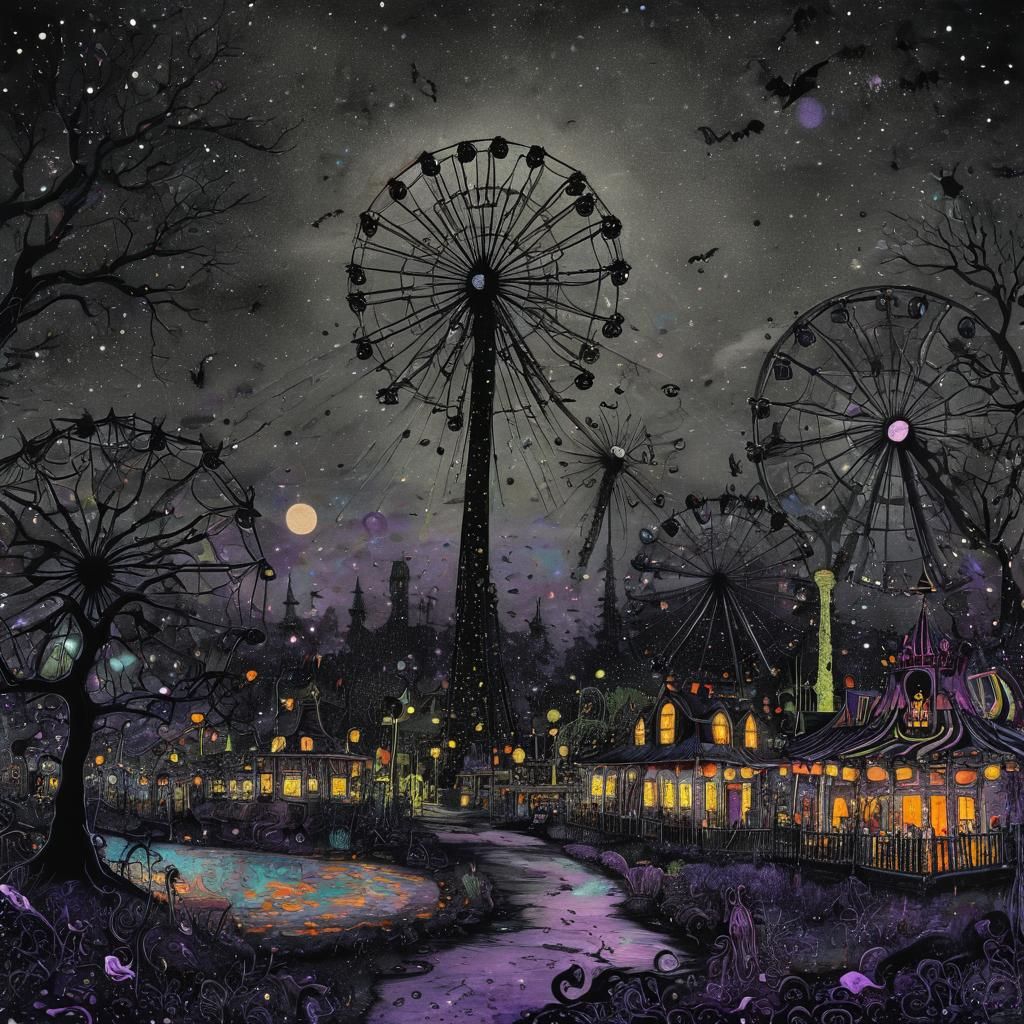 Whimsical Halloween Amusement Park in Pointillist Style