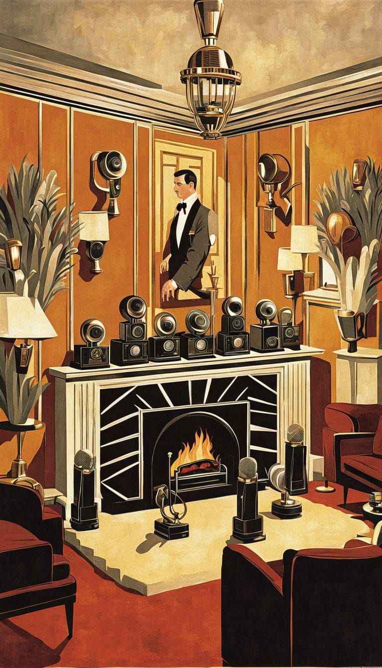 Art Deco Den With Hands Holding Vintage Microphones