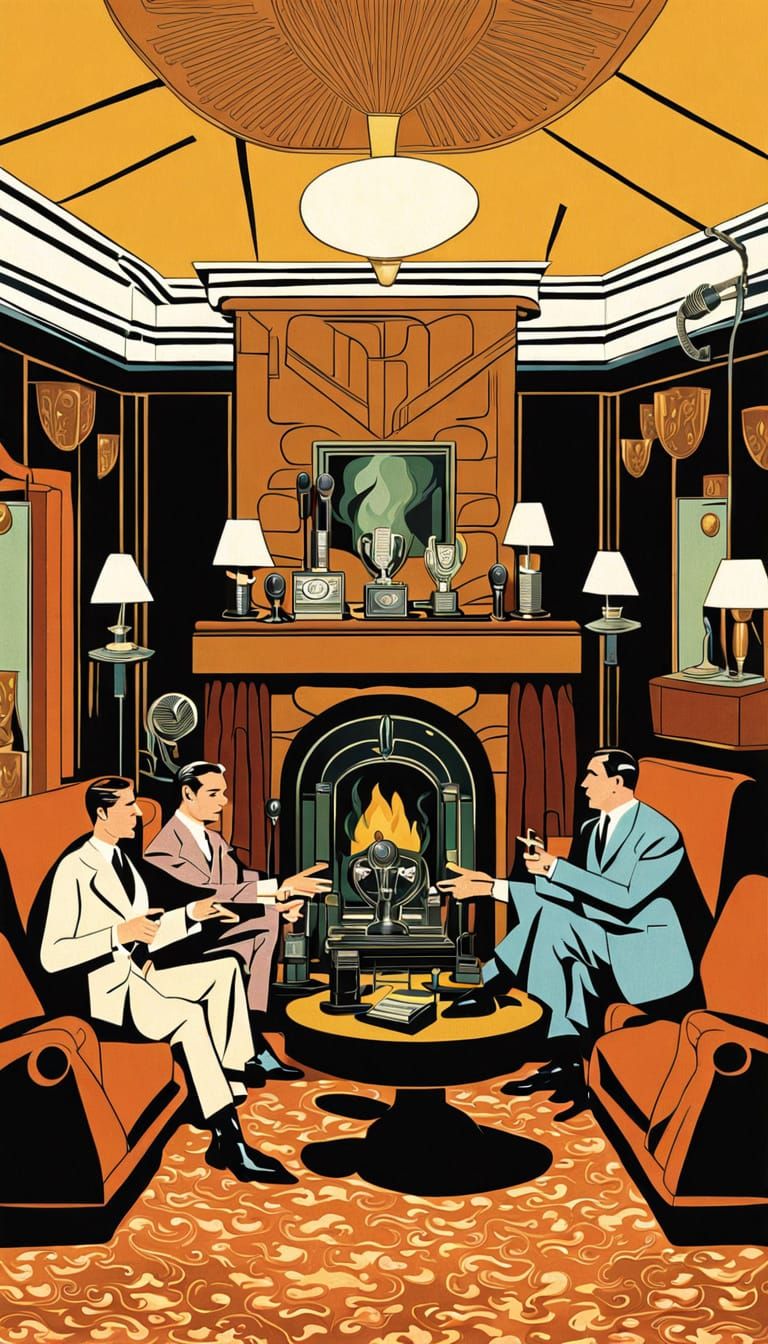 Art Deco Den with Hands Holding Vintage Microphones