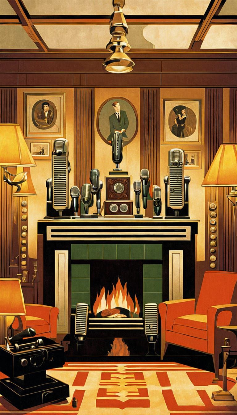 Art Deco Den With Hands Holding 1960s Microphones