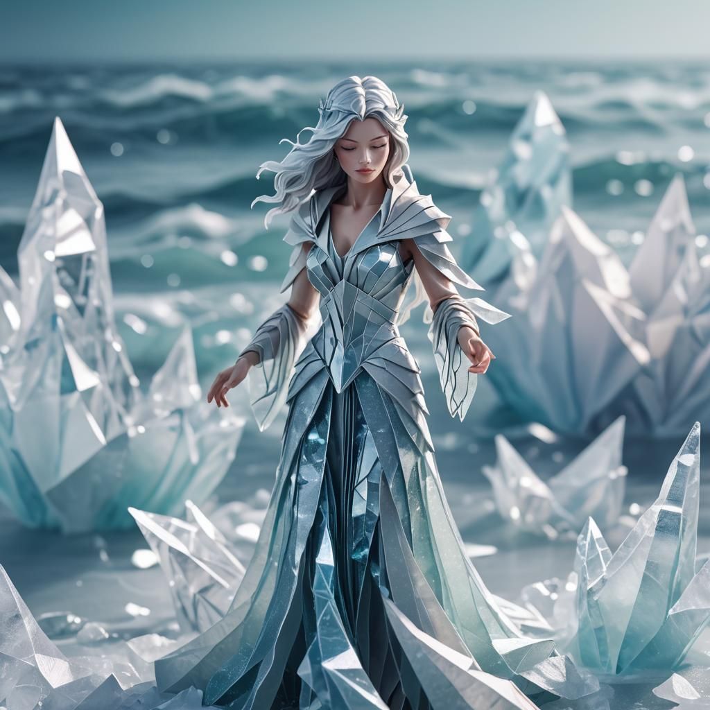 Icy Ocean Sorceress in Origami Papercraft Style