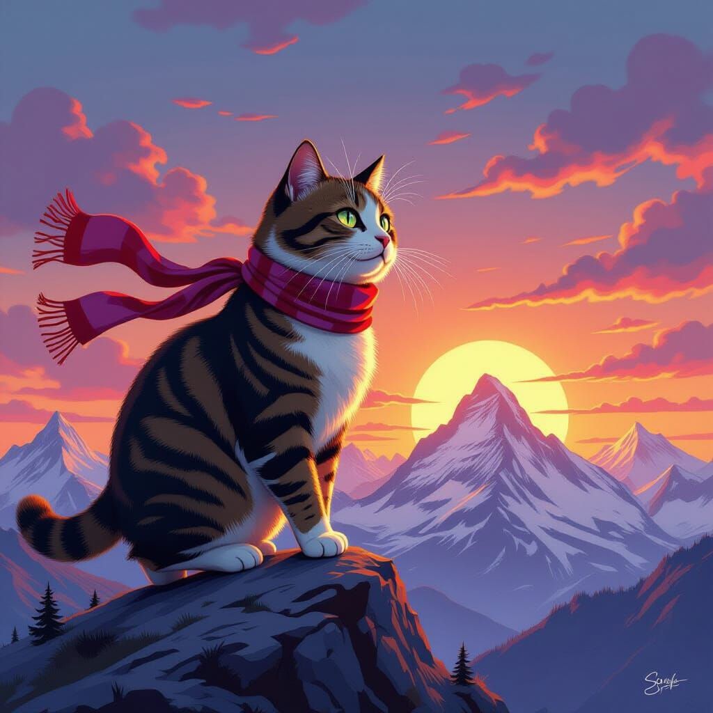 Giant Cat Steps Over Mountains at Sunset