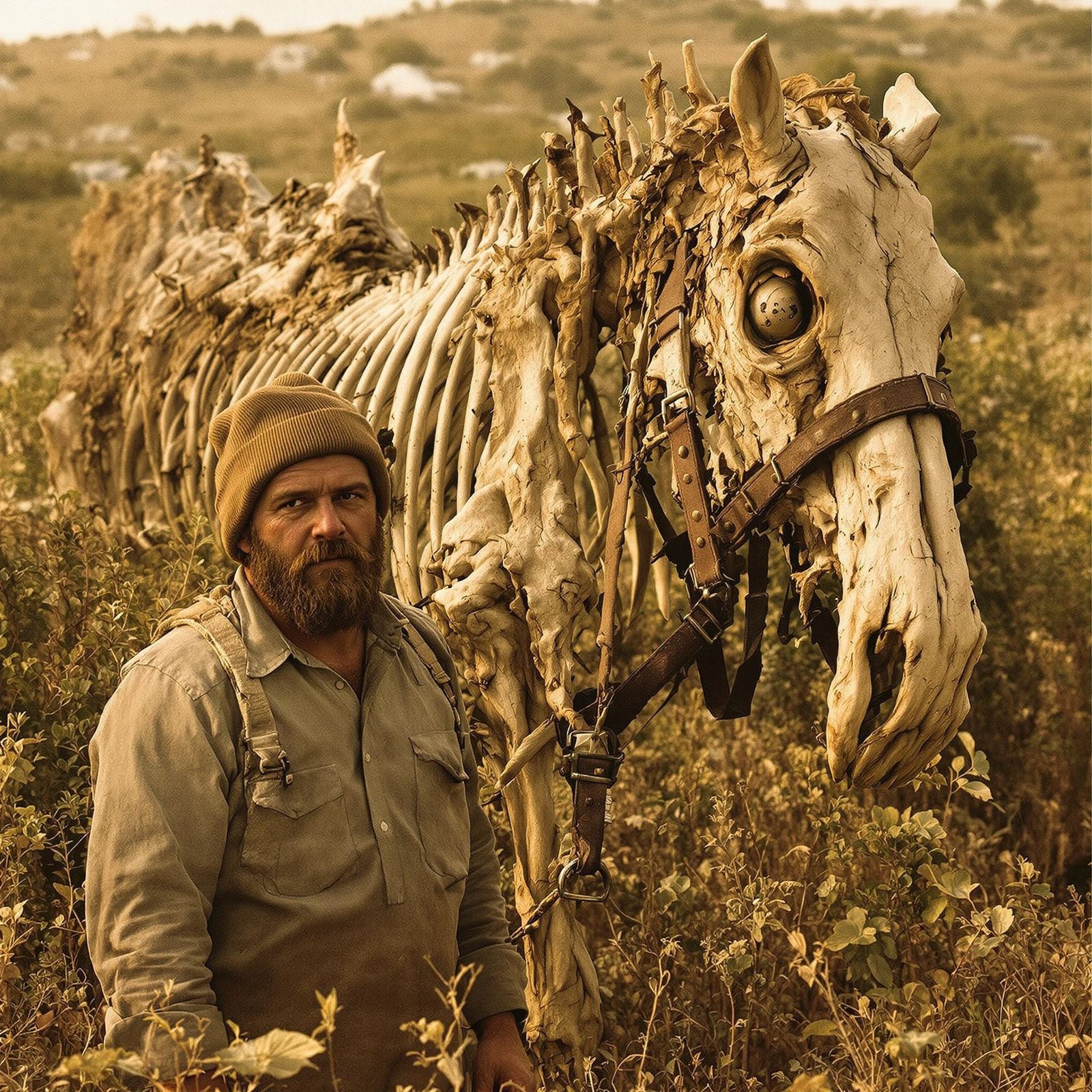 Weathered Farmers Stand Beside a Grotesque Zombie Horse Skel...