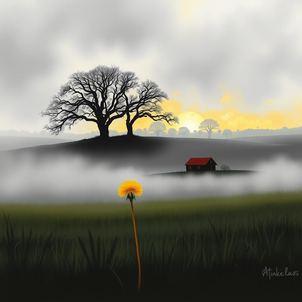 Monochromatic Foggy Landscape with Scarlet House, Alcohol In...