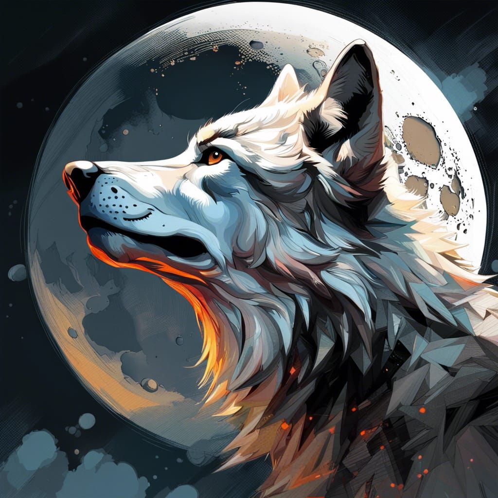 Majestic Wolf Howling at Moon, Polychromatic Art