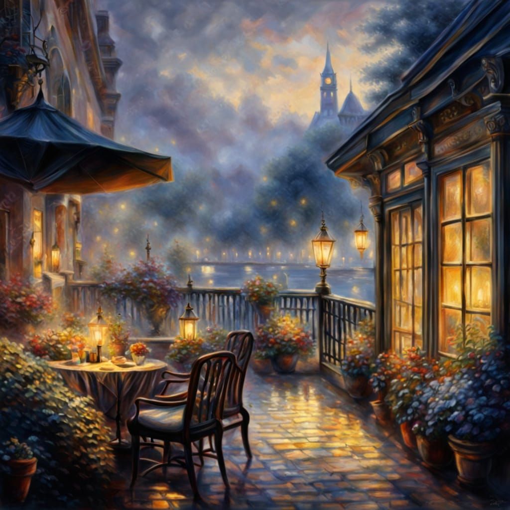 Terrace in Mist: A Hyperdetailed Charcoal Drawing