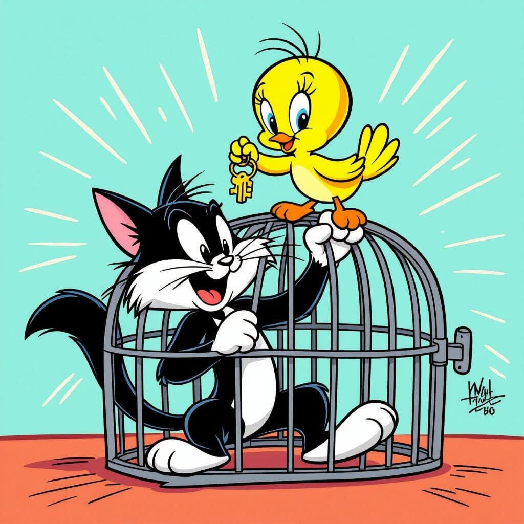 Sylvester Cat Trapped in Cage by Tweety Bird