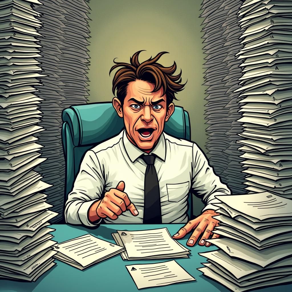 Overwhelmed Worker Drowning in Consumer Debt: Cartoon Style