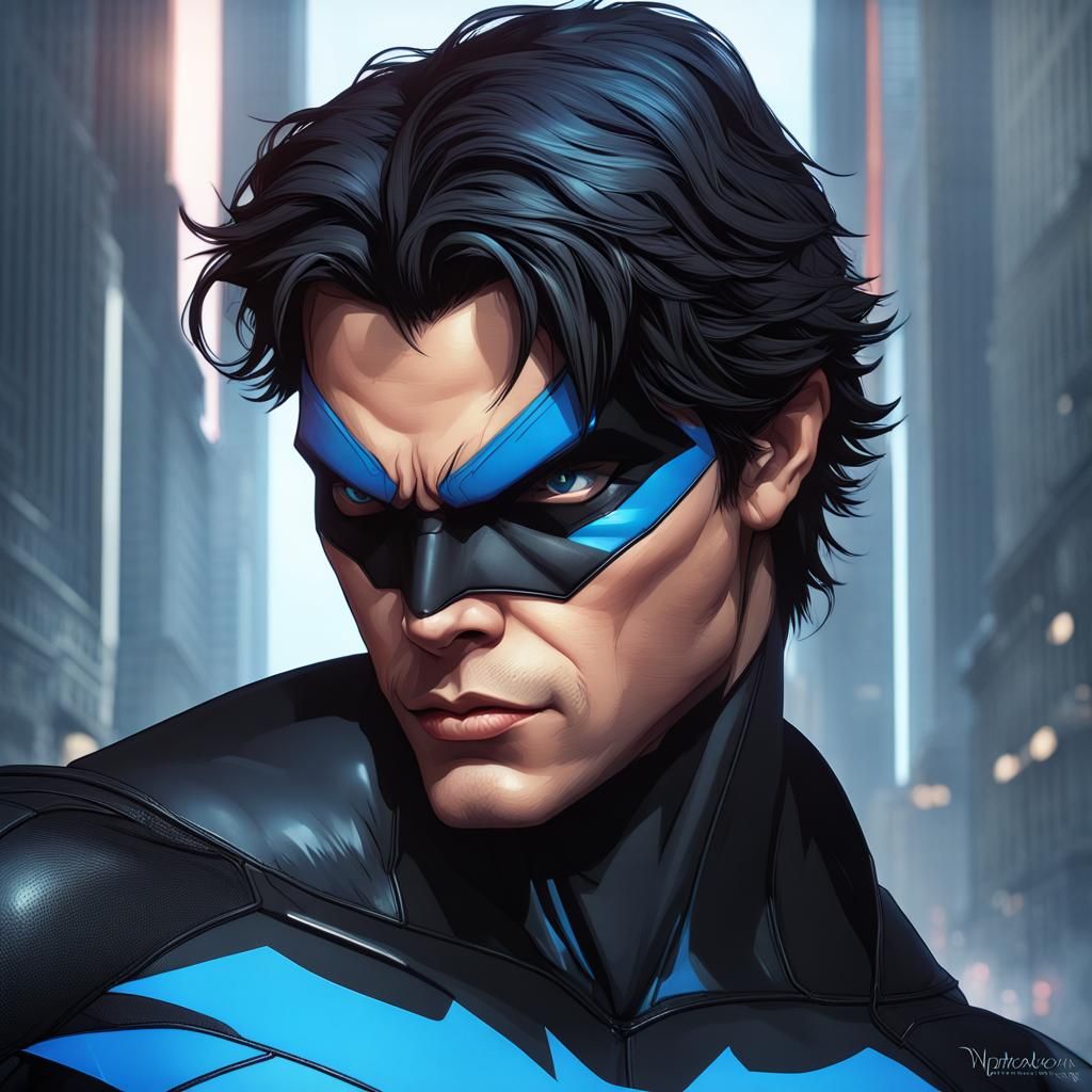 Nightwing Portrait in Hyperdetailed Digital Art Style