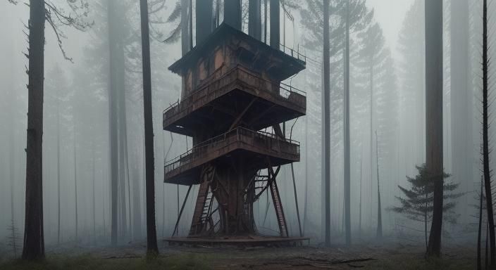 Sinister Abandoned Fire Tower in Foggy Forest