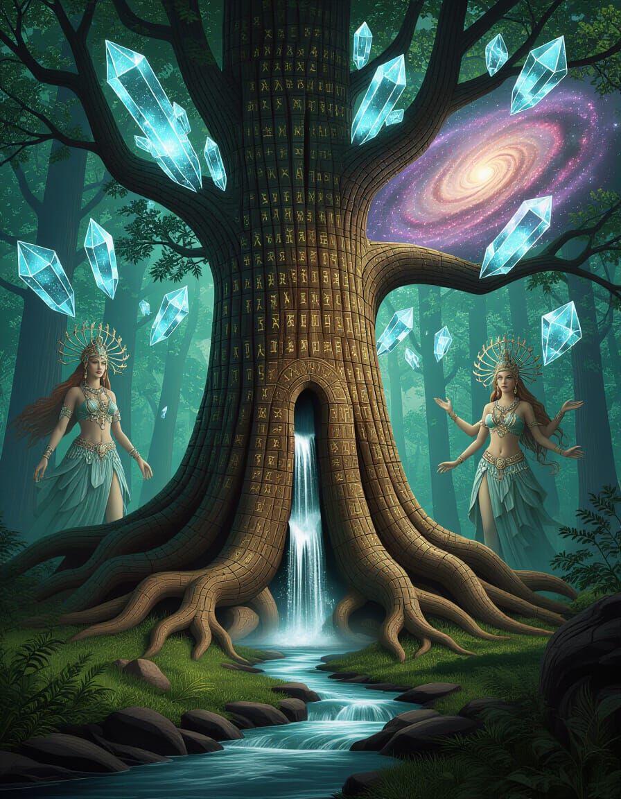 Surreal Slavic Forest with Cosmic Goddesses and Liquid Time
