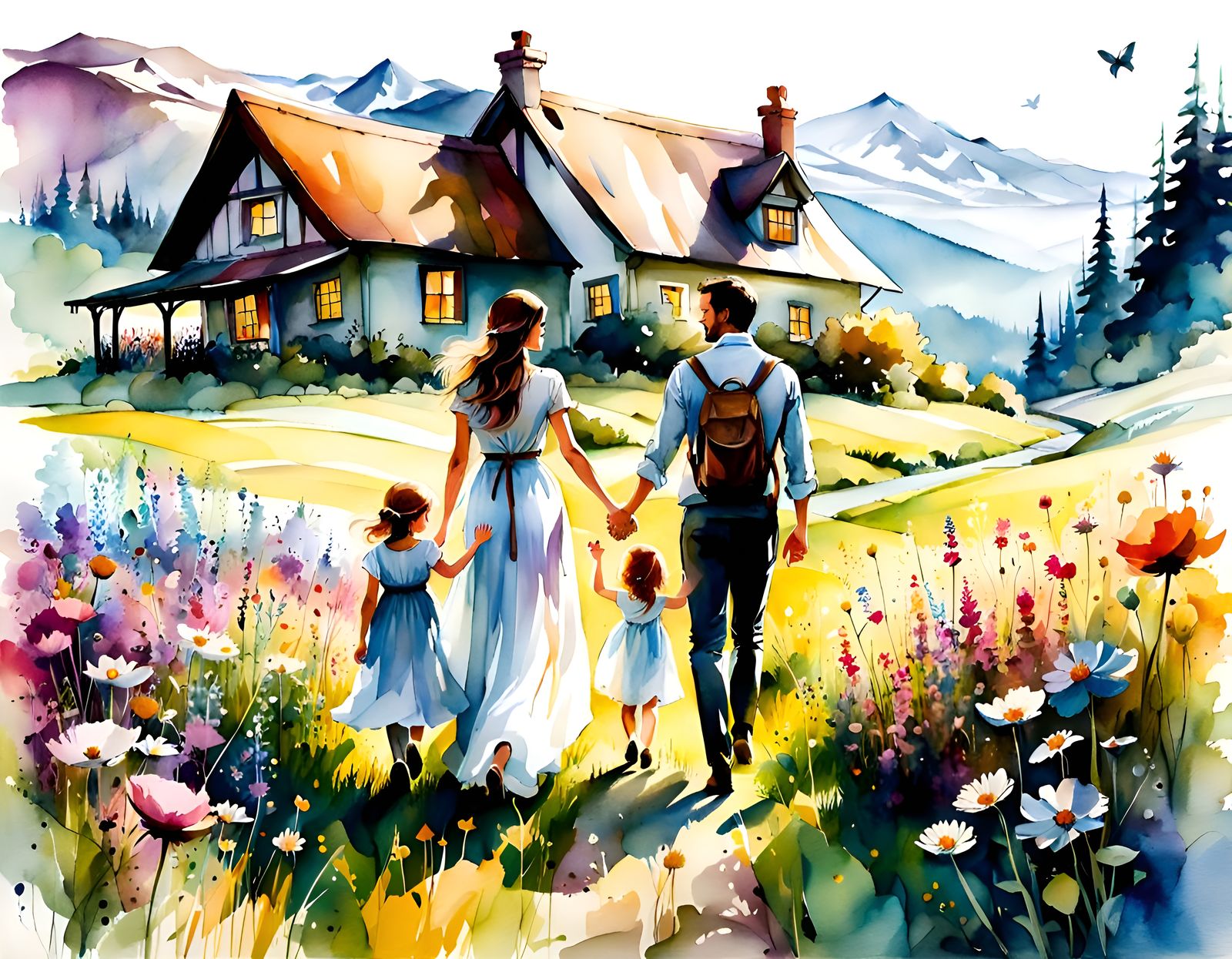 Family Stroll Through Flower Meadow: Watercolor Illustration