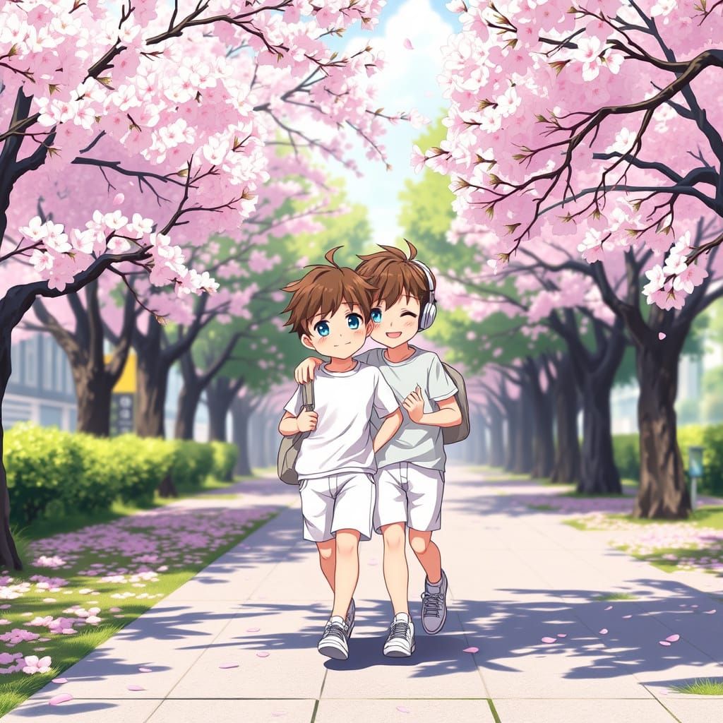 Anime Boy Walks to School Amid Cherry Blossoms in Vibrant Sp...