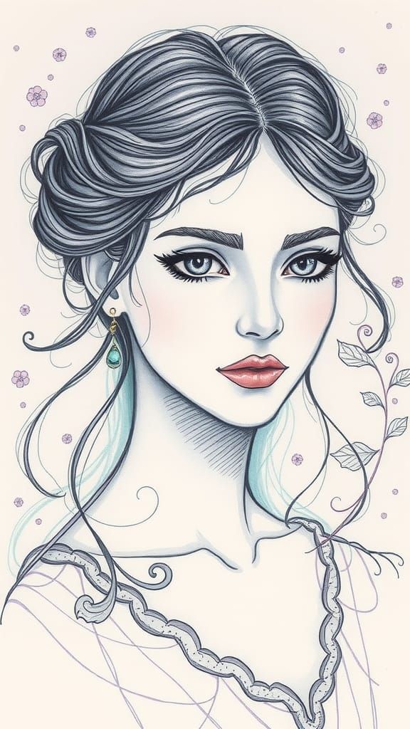 Dreamy Pencil Sketch Portrait in Arts and Crafts Style
